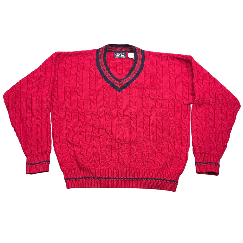 Vintage Woods Gray Sweater Mens L Red Cable Knit VNeck Collegiate Academia 80s